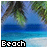 Pixelated beach scene with palm fronds, blue water, and white sand; text 'Beach' in black block letters at bottom.