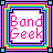 Two side-by-side animated frames of a pixel art buddy icon with rainbow-colored borders and text elements.