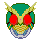 Pixelated green helmet with yellow horns and red eye lenses, featuring a small pink dot between eyes and blue-and-white lower face section.