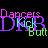 Pixelated text reads 'Dancers Kick Butt' in overlapping, multicolored letters against a dark background with digital noise.