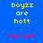 Blue background with yellow pixelated text 'boyzz are hott' and five pink/purple star-like symbols below, where the third symbol changes from purple to red between frames.