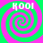 Four identical spiral patterns in green and pink with white text 'KOOI' at the top of each spiral, arranged in a on a solid green background