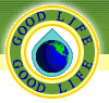 Circular icon with green outer ring, yellow inner ring, and blue water droplet containing Earth globe, surrounded by repeating "GOOD LIFE" text.