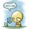 A yellow cartoon character with a sad expression stands next to a blue flower, holding a pink heart, with a speech bubble reading "I WISH I HAD A HUG" against a light blue background.