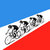 Static pixelated image of a dog-like figure on a diagonal red and white striped background with blue upper section.