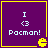 Purple square with yellow border containing "I <3 Pacman!" text and a yellow Pac-Man icon, four identical frames in