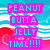 Pixelated text in cyan letters on pink rectangular blocks against a blue and red wave-patterned background.