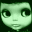 Pixelated green-toned character face with large eyes and small mouth in three distinct expressions across a