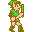 Pixel art character in green tunic and brown boots holding a sword, shown in four sequential poses against gray background.