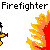 Pixelated firefighter icon sequence showing a yellow-uniformed figure with helmet and hose, extinguishing flames against gray background.