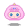 Pixel art character with pink rounded head, blue eyes, and small smile in four variations showing eye shapes and red heart accents.