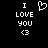 Pixelated white text and symbols on black background: 'I LOVE YOU' with heart symbol above and '<3' below, left side shows heart symbol, right side shows solid heart.