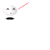 A cartoon character with a white spherical head, black eyes, red mouth, and black base emits increasing numbers of red lines from its right side