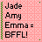 Pixelated text list on pink checkered background with green border, showing names and 'BFFL!' in black font.