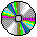 Three animated frames of a pixelated CD/DVD icon with rotating rainbow-colored segments on a gray background.