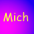 Pixelated yellow text 'Mich' on a gradient background transitioning from magenta to blue.