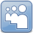 Pixelated blue square icon with rounded corners containing three gray human silhouettes and three circular outlines above them.