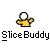Animated contact sheet showing 10 sequential frames of a yellow stick figure character slicing a white ball with a gray knife against a gray background, each frame labeled "SliceBuddy" below.