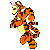Pixelated orange tiger mascot with black stripes, white chest and face accents, pink flower on head, standing in dynamic pose against gray background.