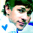 Pixelated close-up of a person with green hair and light skin, wearing a white shirt with blue accents, holding a small blue heart-shaped object.