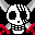 Two pixelated white skulls with black eye sockets and teeth, gray horns, red accents on lower edges, set against a solid black background.