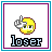 A 4-frame animated contact sheet showing a yellow smiley face icon with changing hand gestures and the text 'loser' below it, each frame in a purple-bordered square on a white background.