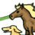Brown horse and yellow giraffe head with green horizontal stripe on white background.