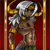 Pixelated figure with white hair and golden accessories against a red background with gold vertical borders.