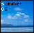 Pixelated beach scene with blue sky, white clouds, and ocean waves; text 'summer 05' in top-left corner showing letter-by-letter animation.