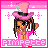 Pixel art contact sheet showing two animated frames of a cartoon character with brown hair, purple eyes, and pink attire wearing a tall pink hat with black band and white feather, set against a bright pink border with sparkles.