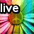 A colorful pixelated flower with pink, yellow, green, and blue petals, overlaid with bold black-and-white text reading "live," "laugh," and "love" in separate sections.