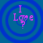 Four identical blue circular ripple patterns on a teal background, each containing pink text 'I Love' with the 'o' replaced by a question mark.
