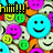 Pixelated of repeating smiley faces in cyan, purple, green, orange, and white with overlaid text phrases like 'Hi!!!', 'lauren...', 'is my', 'love you', 'forever!!!', and 'like a.'