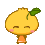 Animated yellow cartoon character with green leaf on head, pink cheeks, orange lower body, making hand gestures against sunburst background.