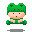 A 4-frame pixel art animation of a green frog-hatted character in various poses on a gray background.