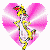 A yellow cartoon character with red accents dances inside a pink heart-shaped background with white radiating lines.