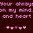 Pixelated pink text on dark red background with two of heart symbols, each containing five hearts including one purple heart