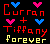 Pixelated graphic with red text 'Curran' and 'Tiffany', yellow text 'forever', pink and blue heart symbols, a red plus sign on black background.