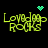Pixelated green text 'Lovedog ROCKS' on black background with animated cyan heart and starburst symbols above.