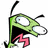 Green cartoon alien with large white eyes and antennae displays multiple expressions and poses including open mouth, tongue out, and winking, alongside a gray mechanical device with teal circular elements.