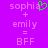 Purple background with pixelated text reading 'sophia + emily = BFF' in light purple, featuring a green heart symbol above the letter 'a' in 'sophia'.