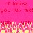 Pixelated text on bright pink background with yellow-orange flame-like shapes at bottom, repeating 'I know I know you luv me!you luv me!' and 'yoh! yoh! yoh! yoh!' in red.