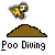 Pixelated static buddy icon featuring a yellow running stick figure with brown accents, a brown mound shape below it, and the text "Poo Diving" in pixelated font on gray background.