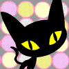 Animated contact sheet of a black cartoon cat with yellow eyes on a polka-dot background, showing 25 sequential frames arranged in a 5x5 grid.