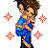 Pixelated character with brown hair in blue and multicolored outfit holding a glowing object, surrounded by four pink starbursts on white background.