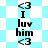 A vertical sequence of text and symbols on a checkered background, with alternating light blue and white squares and diamond shapes. The text reads "<3 I luv him <3" repeated vertically. The background pattern shifts between square and diamond arrangements across frames.