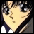 Pixelated anime-style character face with dark hair and large eyes, next to stylized text on a black background.
