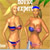 Two pixelated women in bikini-style swimwear stand side-by-side against a sandy background with partial green foliage.