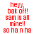 Red pixelated text on white background reads 'heyy. bak off! sam is all mine!! so ha n ha' in two identical vertical