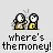 Pixel art of two yellow-clad figures with white heads, one holding a small object while the other gestures; text below reads "where's the money!" in pixelated font.